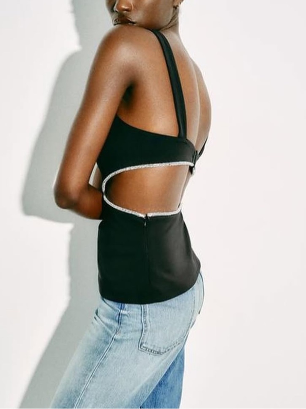 Zara Black Tank Top with Rhinestone Cutout Trim - Picture 4 of 9